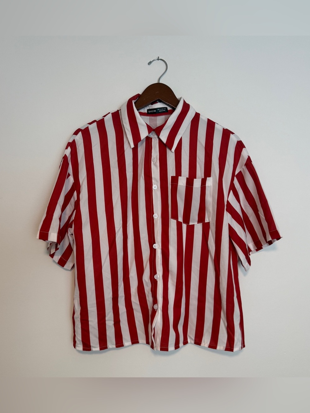 Red & White Vertical Stripe Button Down Women XS Collared July 4th 250th Relaxed
